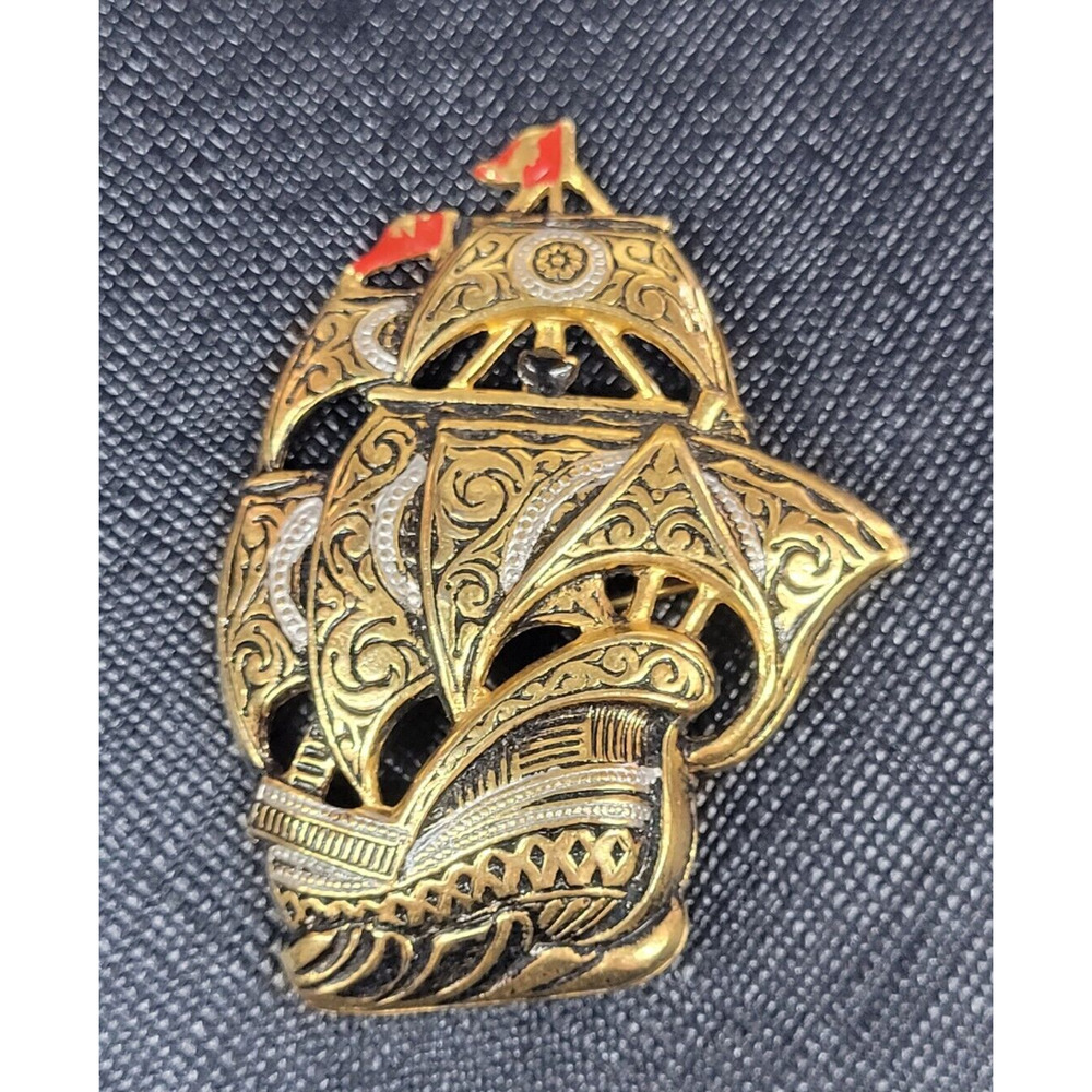 Vintage Damascene Spanish Sail Boat Ship Pin Brooch Signed‎ Spain